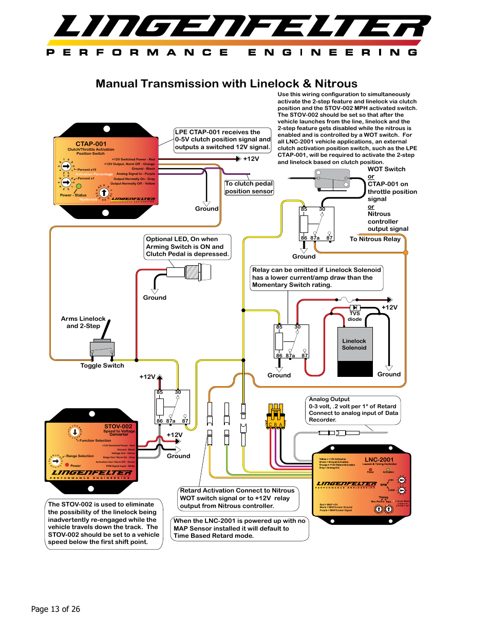Manual transmission with linelock & nitrous, Page 13 of 26, Toggle switch arms linelock and 2-step ground | Ground, 12v ground, Ctap-001, Lnc-2001 | Lingenfelter L460145297 Lingenfelter LNC-2001 LS Timing Retard Launch Controller LSA LS9 v1.7 User Manual | Page 14 / 28