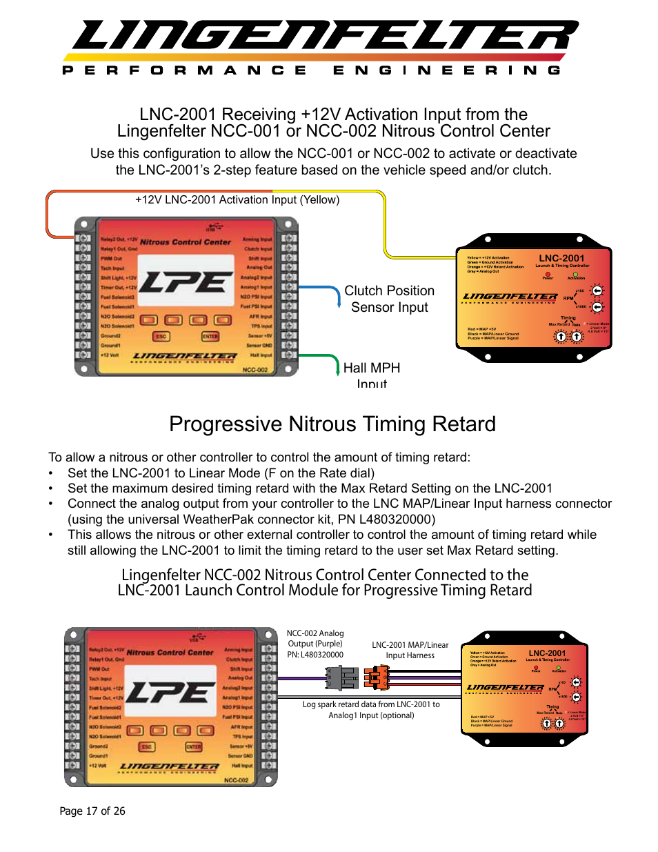 Progressive nitrous timing retard, Clutch position sensor input | Lingenfelter L460145297 Lingenfelter LNC-2001 LS Timing Retard Launch Controller LSA LS9 v1.7 User Manual | Page 18 / 28