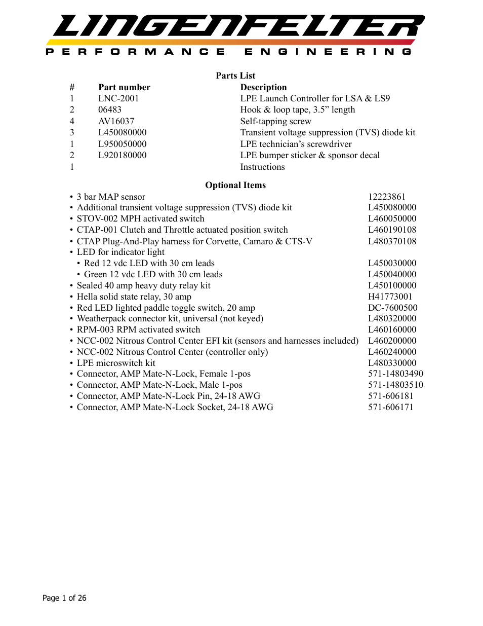 Lingenfelter L460145297 Lingenfelter LNC-2001 LS Timing Retard Launch Controller LSA LS9 v1.7 User Manual | Page 2 / 28