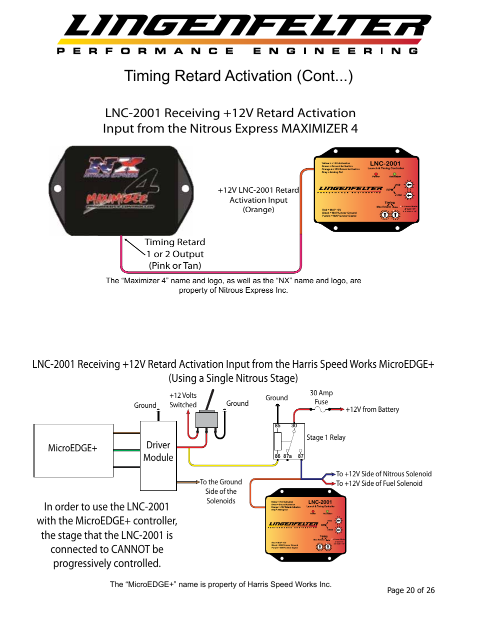 Timing retard activation (cont...), Microedge+ driver module, Timing retard 1 or 2 output (pink or tan) | Lingenfelter L460145297 Lingenfelter LNC-2001 LS Timing Retard Launch Controller LSA LS9 v1.7 User Manual | Page 21 / 28