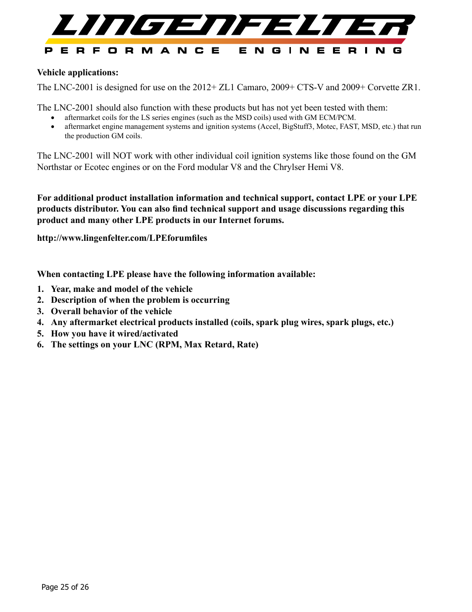 Lingenfelter L460145297 Lingenfelter LNC-2001 LS Timing Retard Launch Controller LSA LS9 v1.7 User Manual | Page 26 / 28