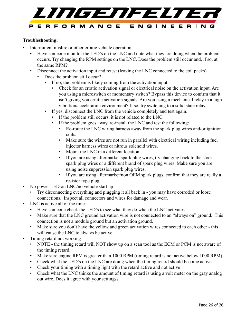 Lingenfelter L460145297 Lingenfelter LNC-2001 LS Timing Retard Launch Controller LSA LS9 v1.7 User Manual | Page 27 / 28