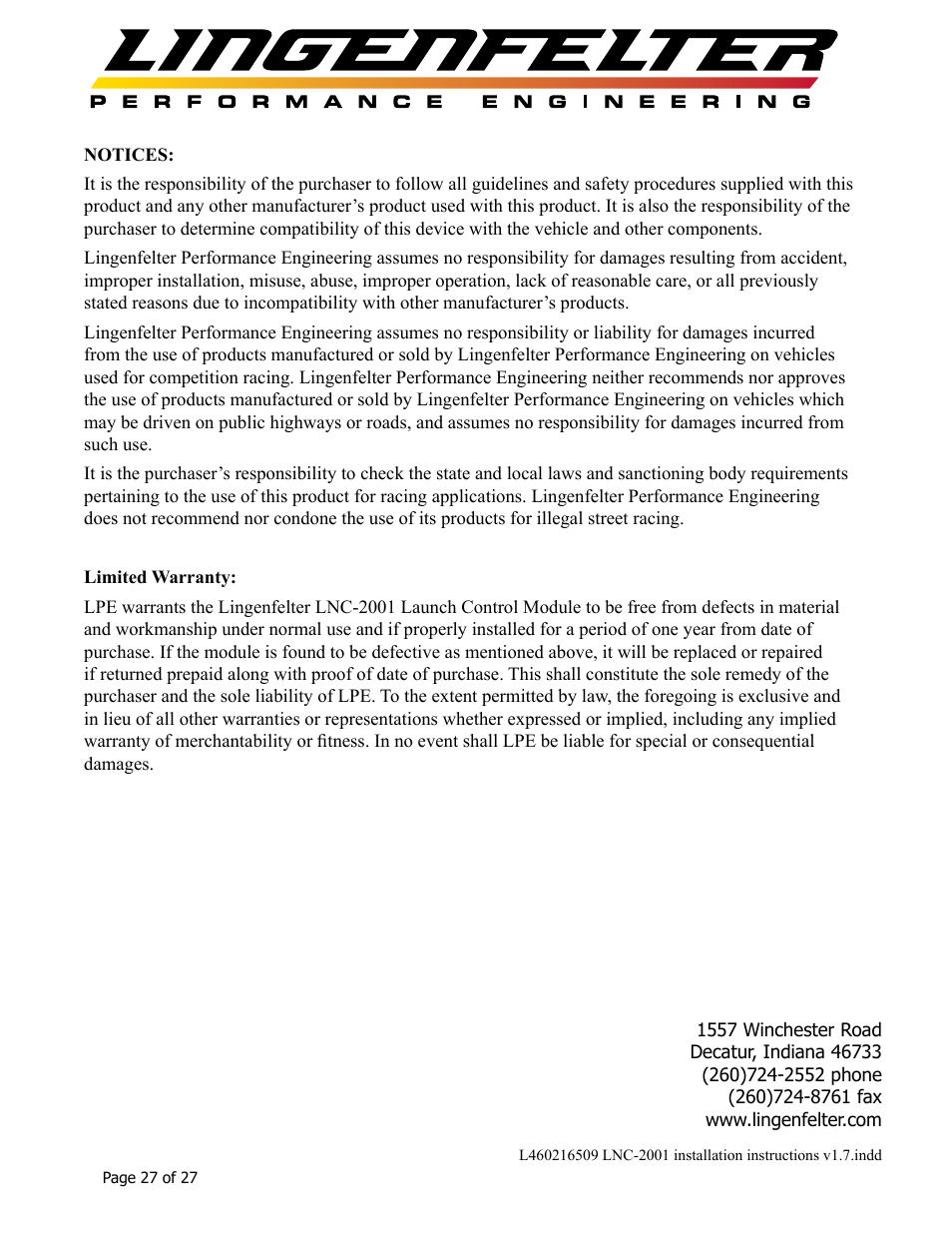 Lingenfelter L460145297 Lingenfelter LNC-2001 LS Timing Retard Launch Controller LSA LS9 v1.7 User Manual | Page 28 / 28