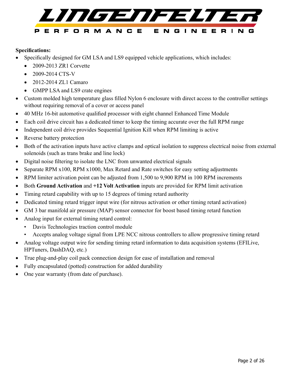 Lingenfelter L460145297 Lingenfelter LNC-2001 LS Timing Retard Launch Controller LSA LS9 v1.7 User Manual | Page 3 / 28