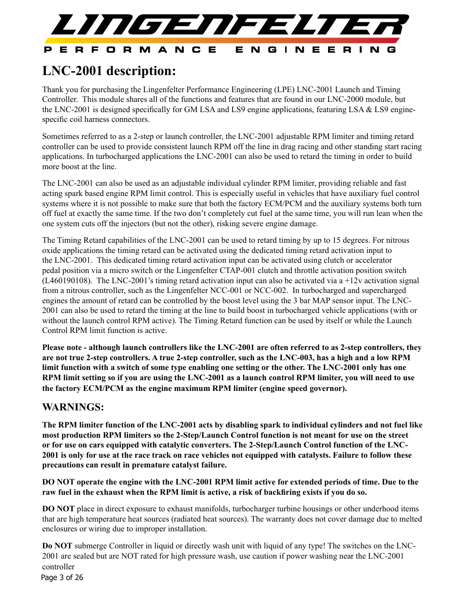 Lnc-2001 description, Warnings | Lingenfelter L460145297 Lingenfelter LNC-2001 LS Timing Retard Launch Controller LSA LS9 v1.7 User Manual | Page 4 / 28