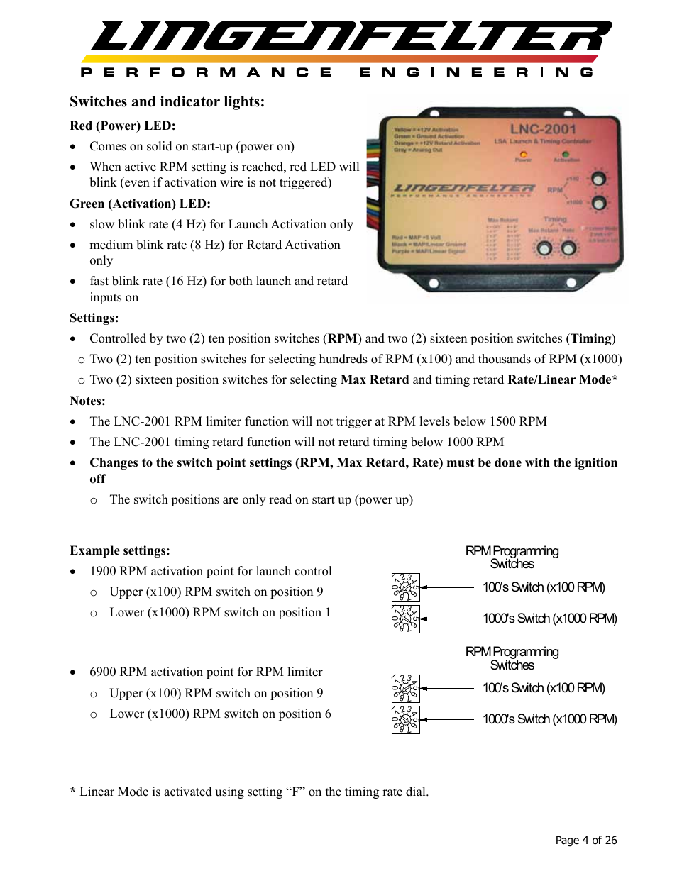 Switches and indicator lights | Lingenfelter L460145297 Lingenfelter LNC-2001 LS Timing Retard Launch Controller LSA LS9 v1.7 User Manual | Page 5 / 28