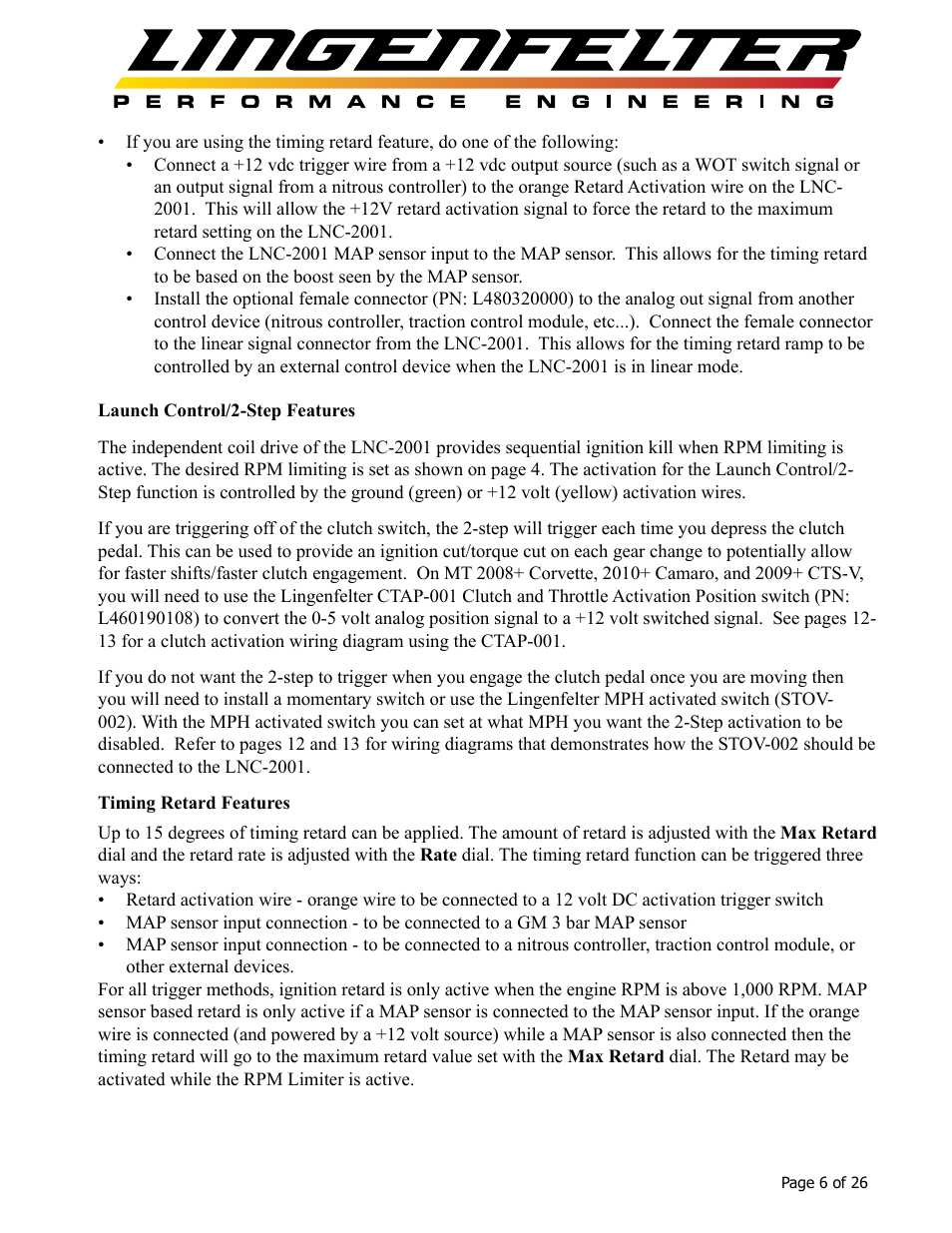 Lingenfelter L460145297 Lingenfelter LNC-2001 LS Timing Retard Launch Controller LSA LS9 v1.7 User Manual | Page 7 / 28