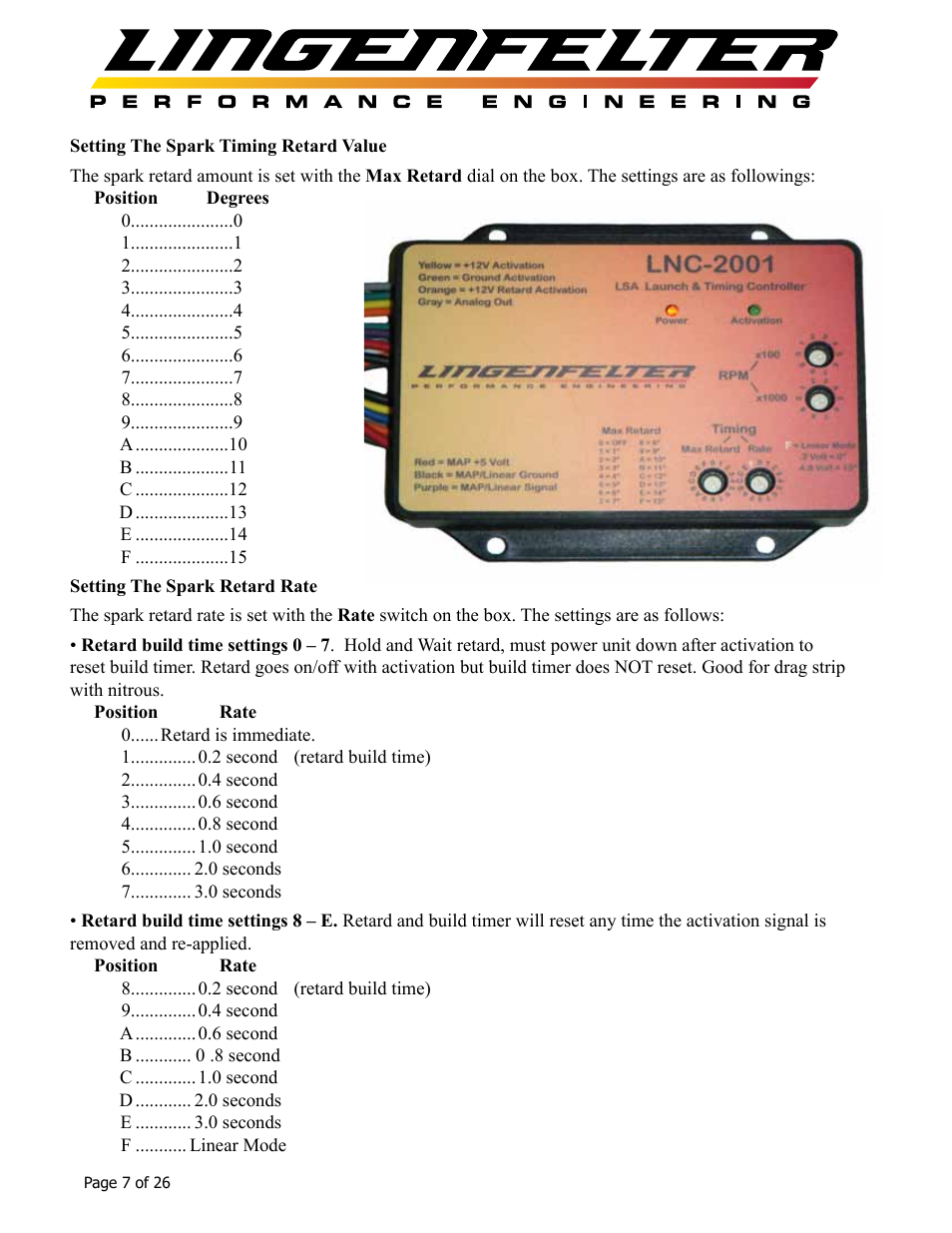 Lingenfelter L460145297 Lingenfelter LNC-2001 LS Timing Retard Launch Controller LSA LS9 v1.7 User Manual | Page 8 / 28