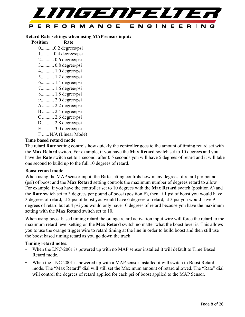 Lingenfelter L460145297 Lingenfelter LNC-2001 LS Timing Retard Launch Controller LSA LS9 v1.7 User Manual | Page 9 / 28