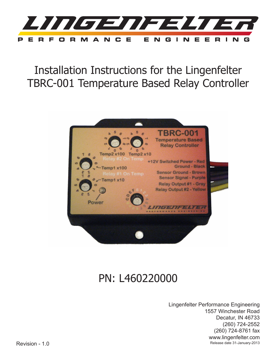 Lingenfelter L460220000 Lingenfelter TBRC-001 Temperature Based Relay Controller v1.0 User Manual | 9 pages