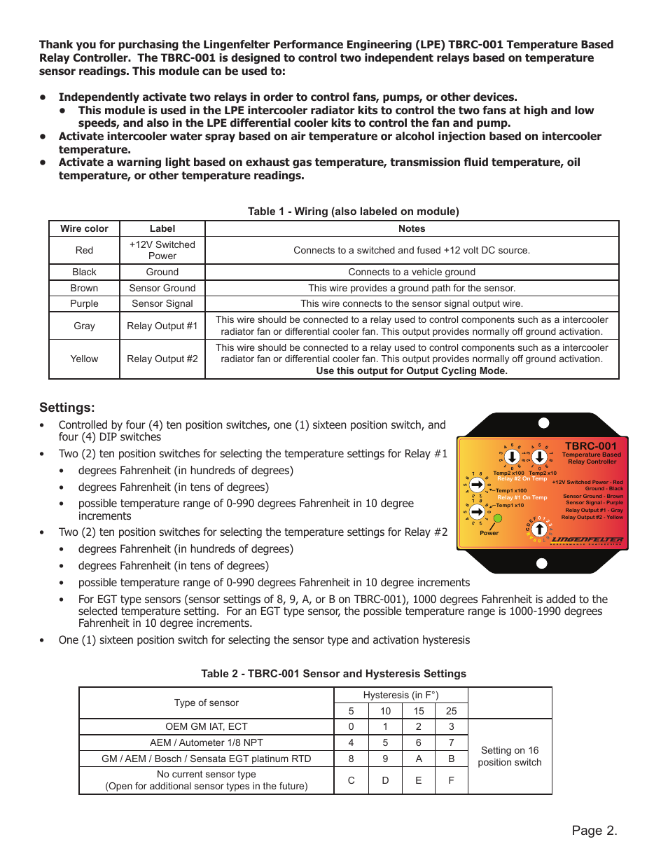 Page 2, Settings | Lingenfelter L460220000 Lingenfelter TBRC-001 Temperature Based Relay Controller v1.0 User Manual | Page 3 / 9