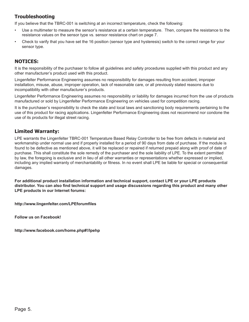 Lingenfelter L460220000 Lingenfelter TBRC-001 Temperature Based Relay Controller v1.0 User Manual | Page 6 / 9