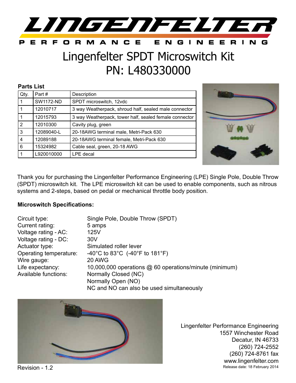 Lingenfelter L480330000 SPDT microswitch kit v1.2 User Manual | 2 pages