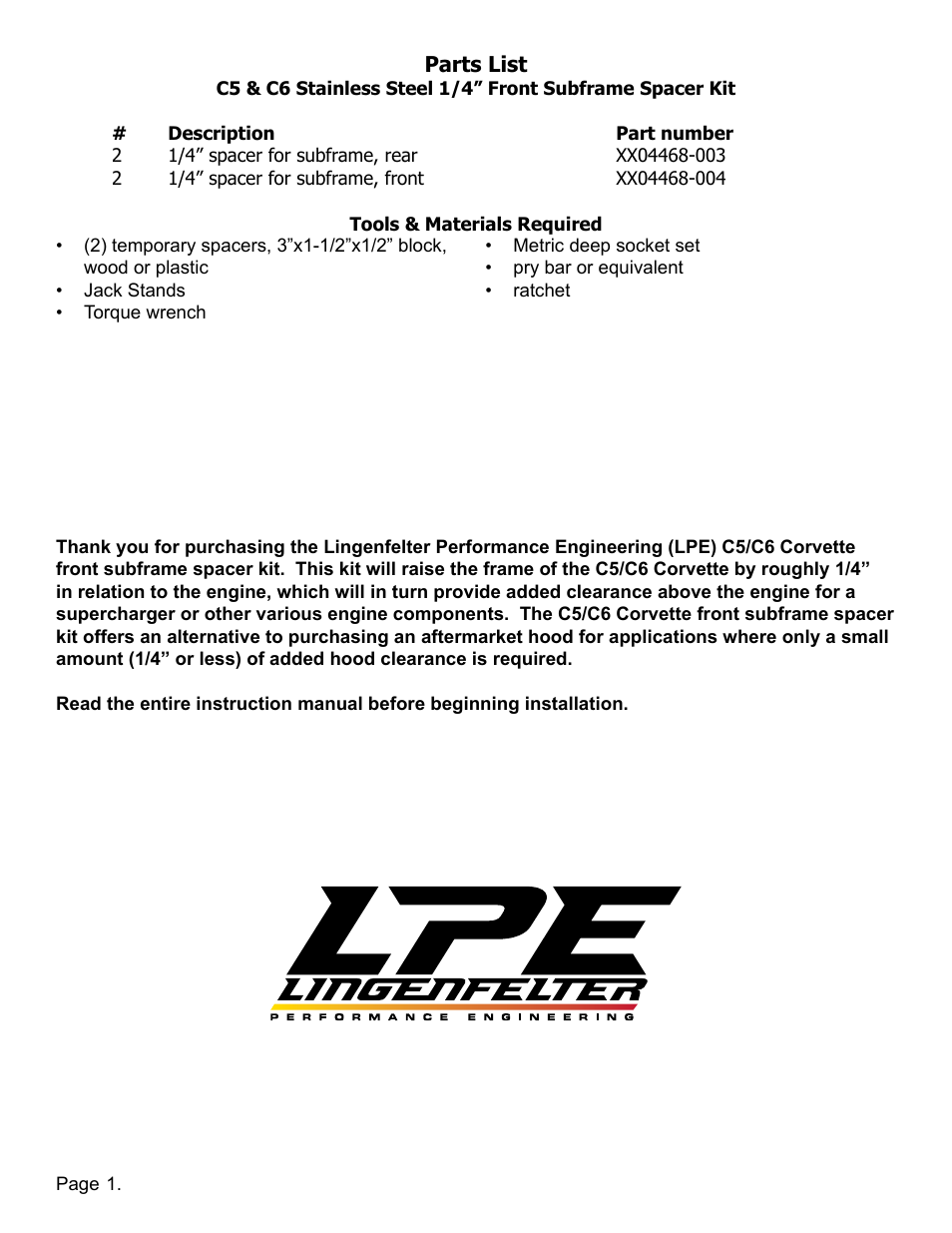 Lingenfelter L510050197 Lingenfelter C5 C6 Corvette Front Subframe Spacer Kit v1.0 User Manual | Page 2 / 5