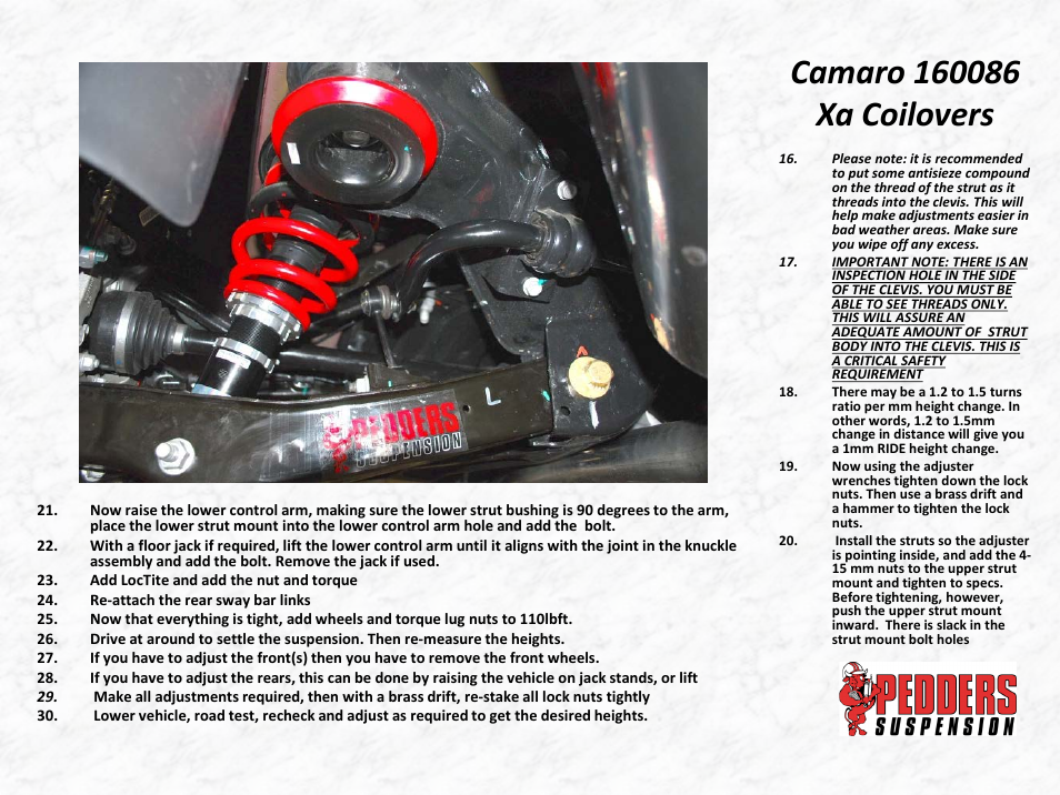 Camaro 160086 xa coilovers | Lingenfelter L500151410 Lingenfelter - Pedders Camaro SS Coil Over Shocks User Manual | Page 16 / 21