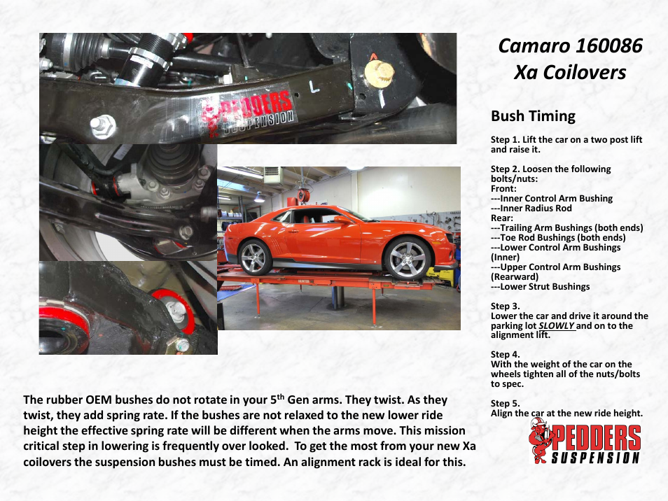 Camaro 160086 xa coilovers, Bush timing | Lingenfelter L500151410 Lingenfelter - Pedders Camaro SS Coil Over Shocks User Manual | Page 17 / 21