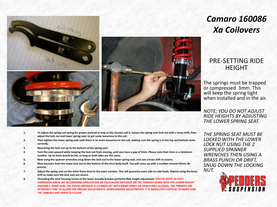 Camaro 160086 xa coilovers, Pre-setting ride height | Lingenfelter L500151410 Lingenfelter - Pedders Camaro SS Coil Over Shocks User Manual | Page 5 / 21