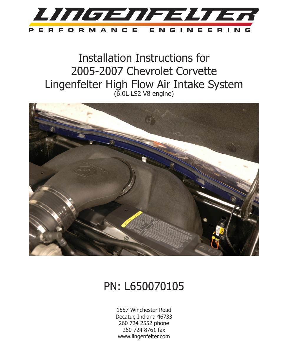 Lingenfelter L650070105 Lingenfelter C6 Corvette Air Intake 2005-2007 v3.1 User Manual | 8 pages