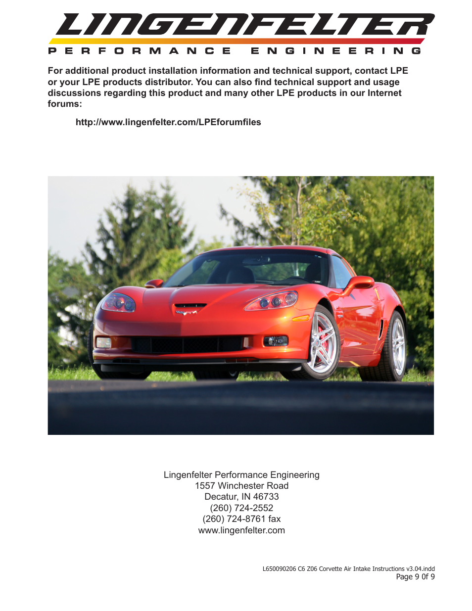 Lingenfelter L650090206 Lingenfelter C6 Z06 Corvette Air Intake 2006-2013 v3.04 User Manual | Page 11 / 11