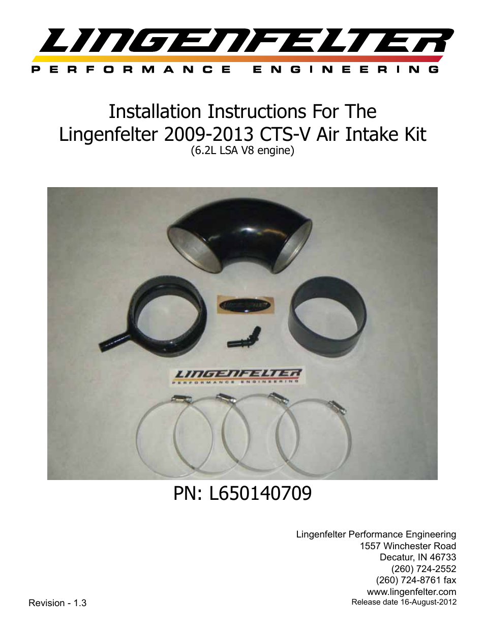 Lingenfelter L650140709 Lingenfelter Cadillac CTS-V Air Intake Duct v1.3 User Manual | 12 pages