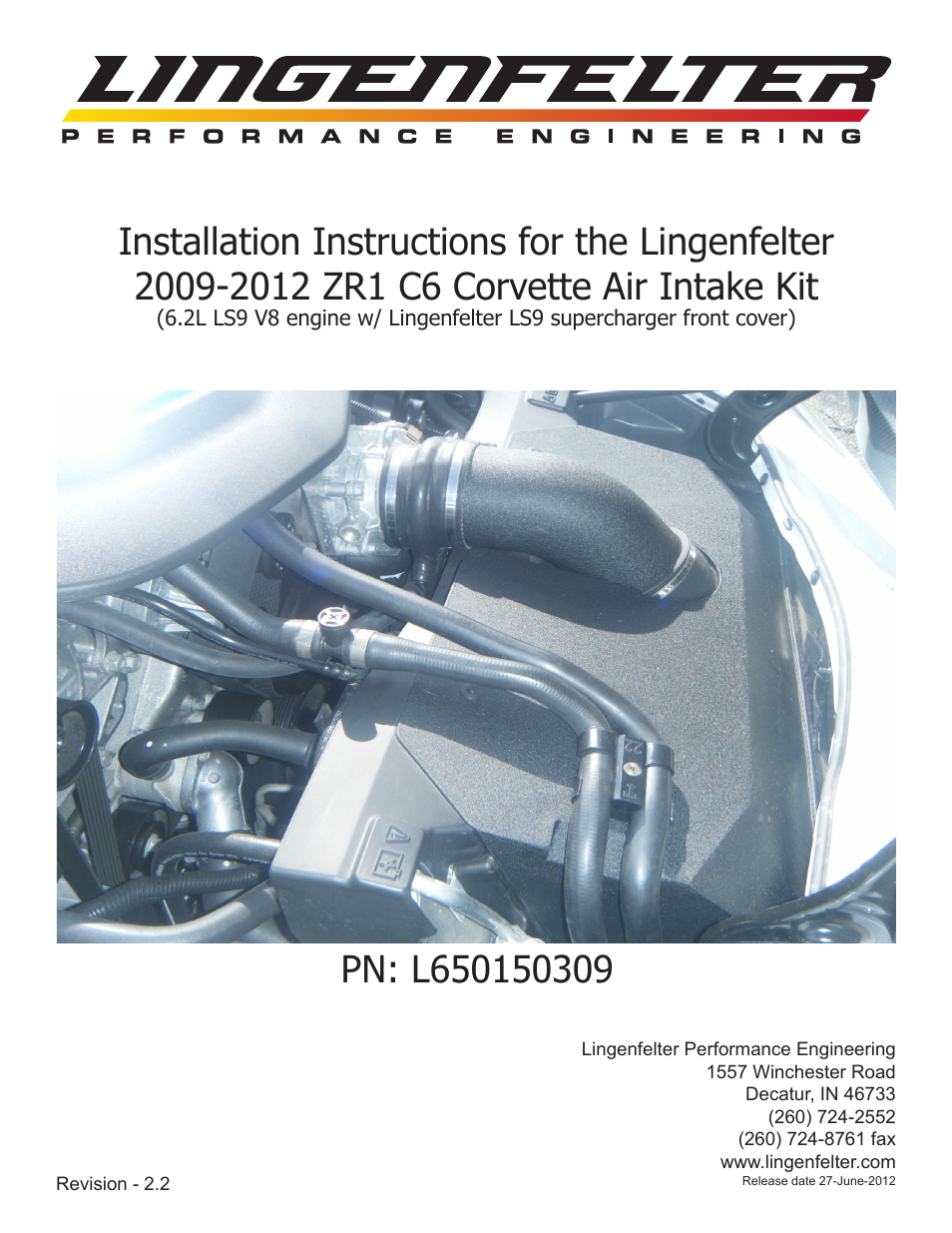 Lingenfelter L650150309 Lingenfelter C6 ZR1 Lingenfelter Air Intake 2009-2012 v2.2 User Manual | 13 pages