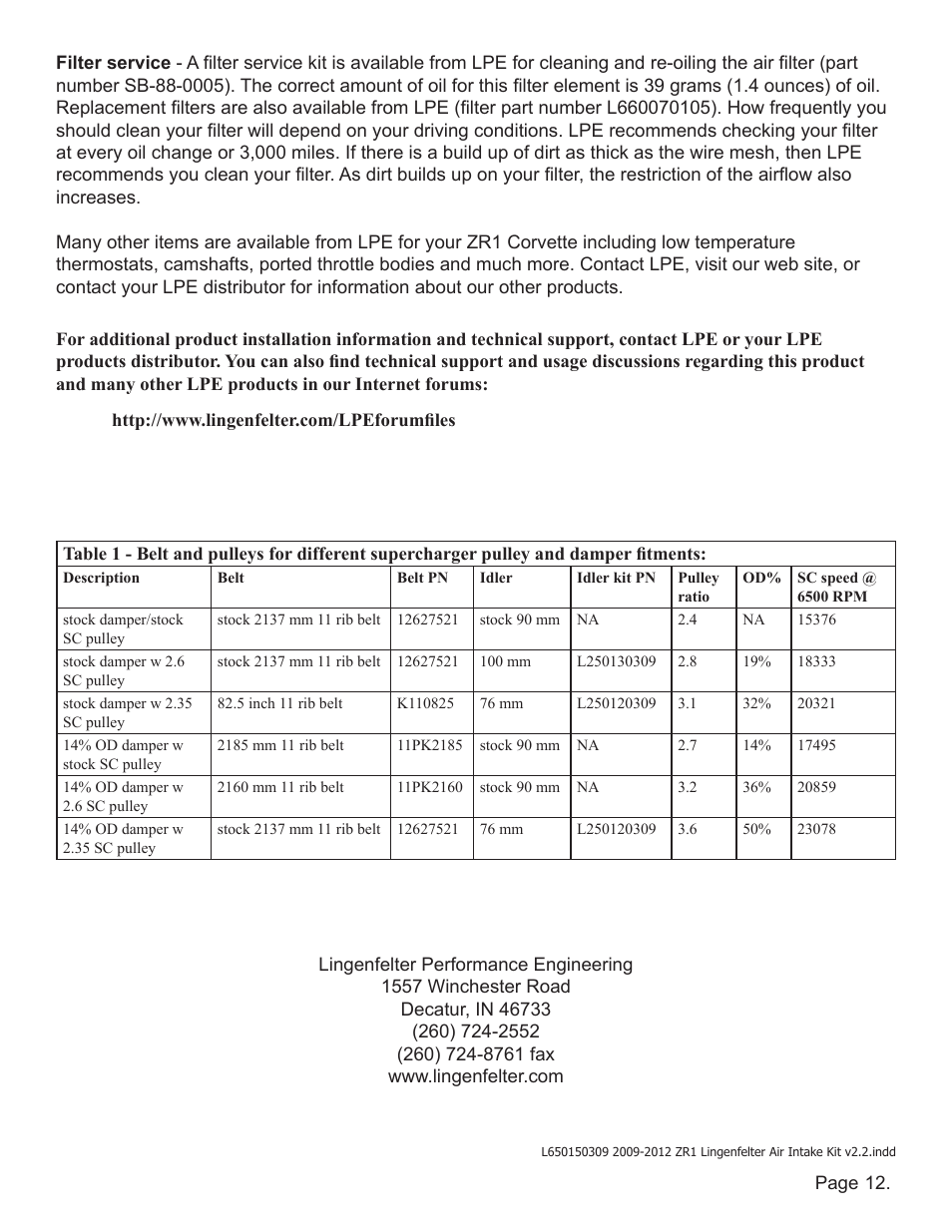 Lingenfelter L650150309 Lingenfelter C6 ZR1 Lingenfelter Air Intake 2009-2012 v2.2 User Manual | Page 13 / 13