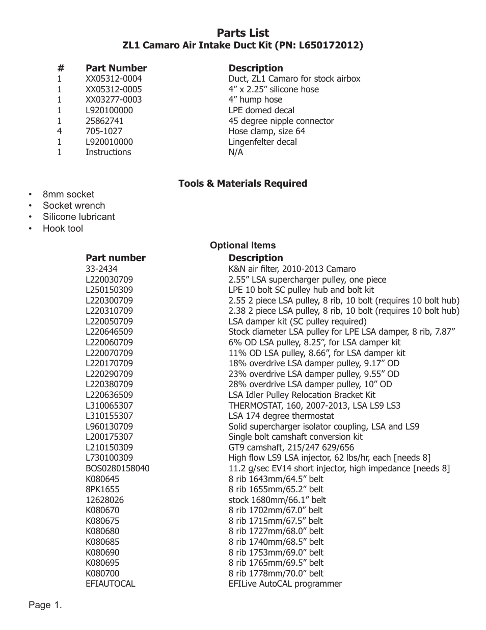 Parts list | Lingenfelter L650172012 Lingenfelter Camaro ZL1 Air Intake Duct 2012 v1.1 User Manual | Page 2 / 8