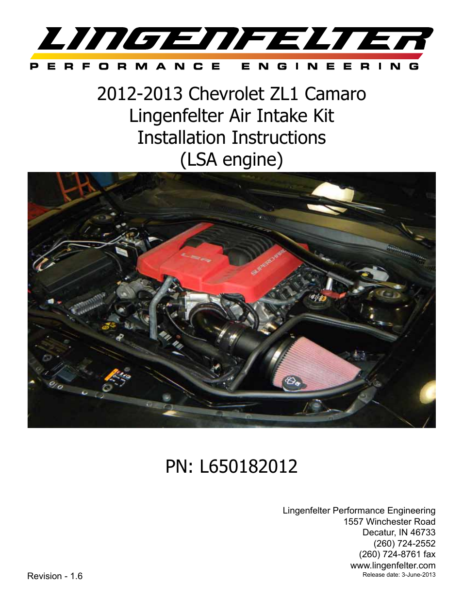 Lingenfelter L650182012 Lingenfelter ZL1 Camaro Air Intake Kit 2012-2013 v1.6 User Manual | 11 pages