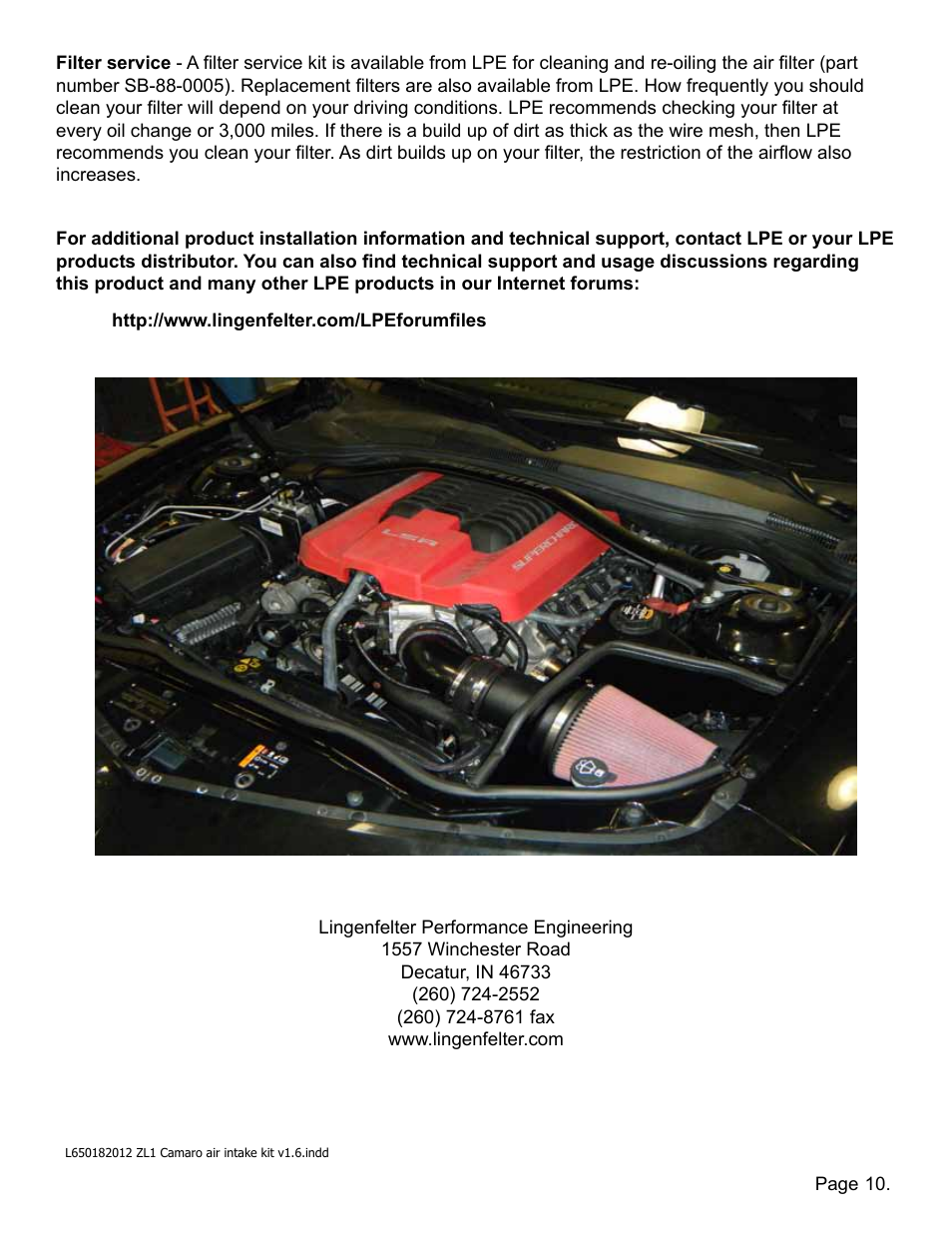 Lingenfelter L650182012 Lingenfelter ZL1 Camaro Air Intake Kit 2012-2013 v1.6 User Manual | Page 11 / 11