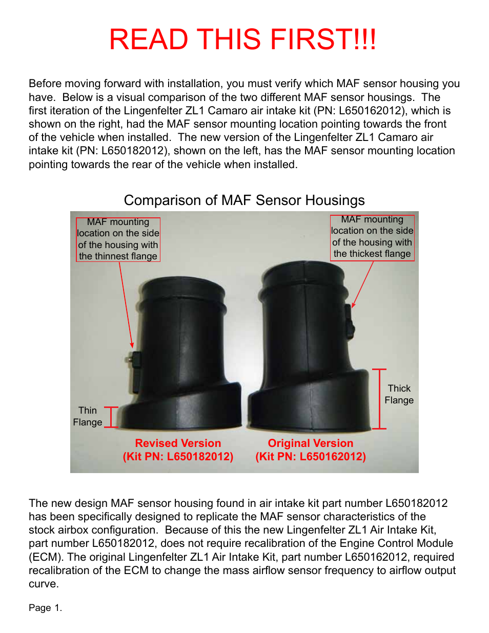 Read this first, Comparison of maf sensor housings | Lingenfelter L650182012 Lingenfelter ZL1 Camaro Air Intake Kit 2012-2013 v1.6 User Manual | Page 2 / 11