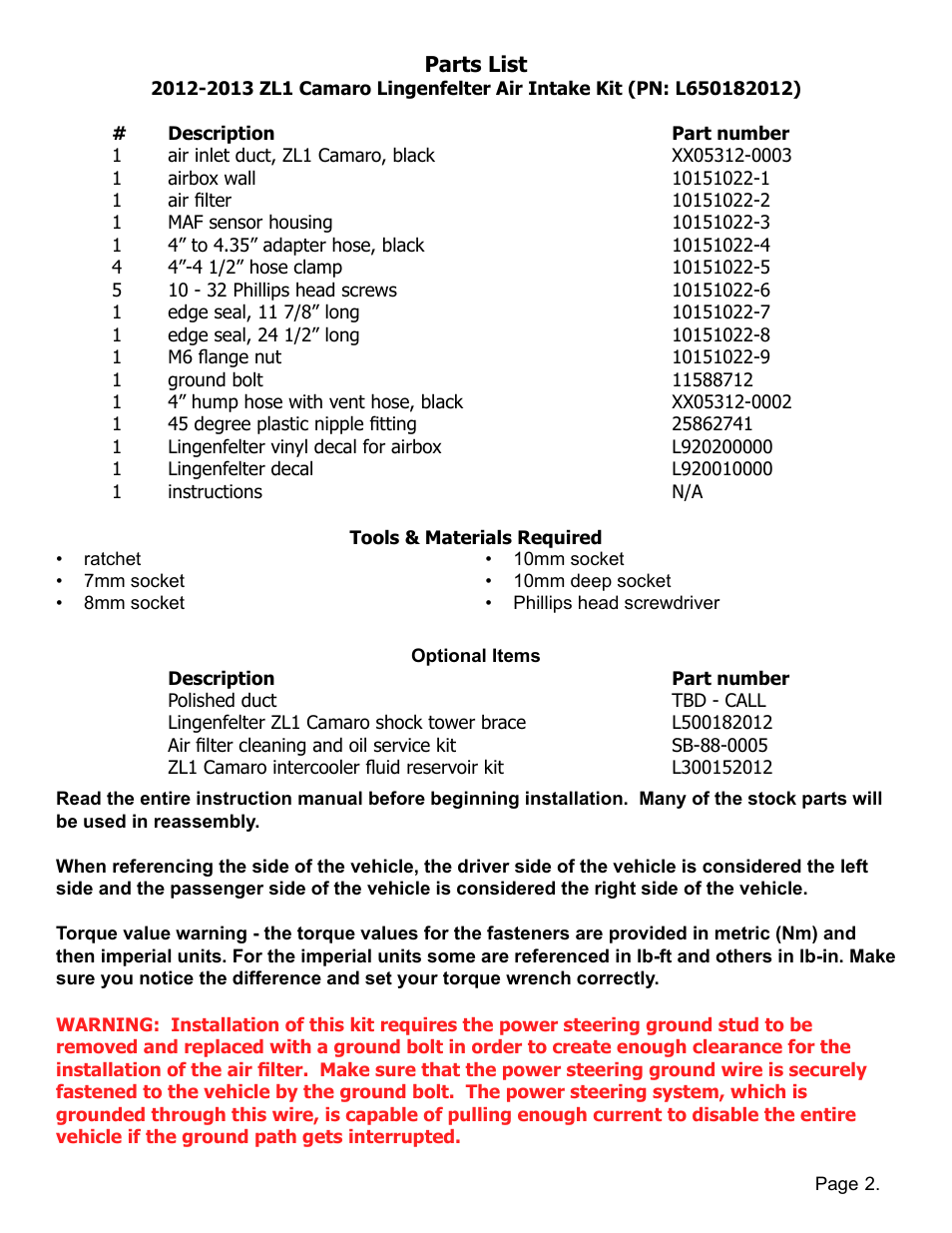 Lingenfelter L650182012 Lingenfelter ZL1 Camaro Air Intake Kit 2012-2013 v1.6 User Manual | Page 3 / 11