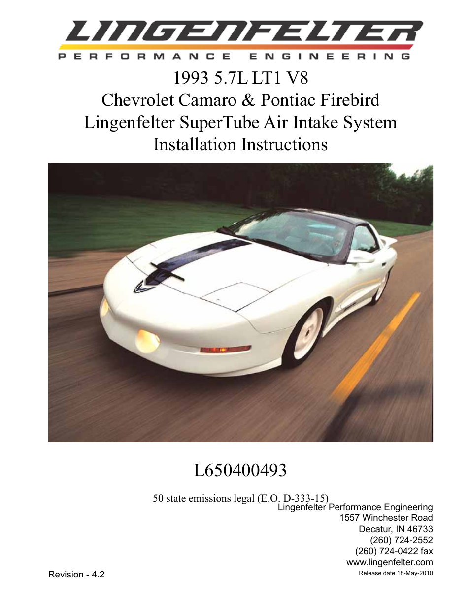 Lingenfelter L650400493 Lingenfelter F-Body SuperTube Air Intake 1993 v4.2 User Manual | 4 pages
