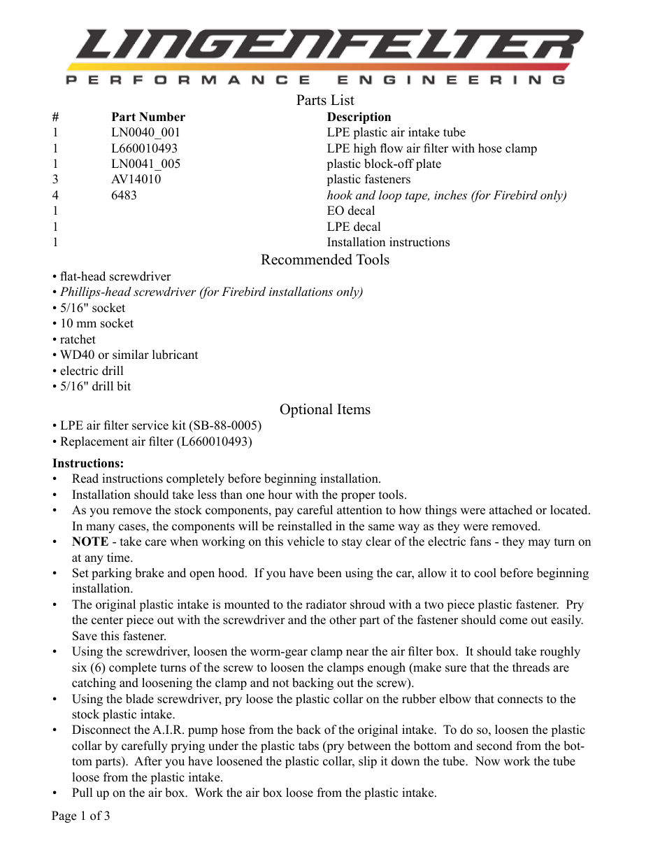 Lingenfelter L650400493 Lingenfelter F-Body SuperTube Air Intake 1993 v4.2 User Manual | Page 2 / 4