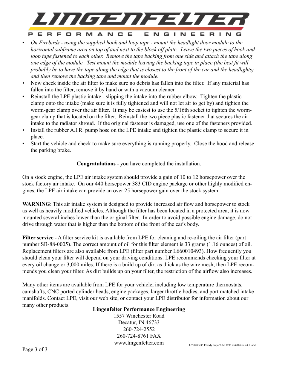 Lingenfelter L650400493 Lingenfelter F-Body SuperTube Air Intake 1993 v4.2 User Manual | Page 4 / 4