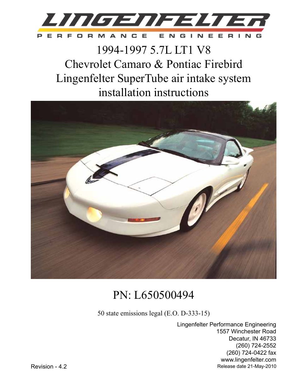 Lingenfelter L650500494 Lingenfelter F-Body SuperTube Air Intake 1994-1997 v4.2 User Manual | 5 pages