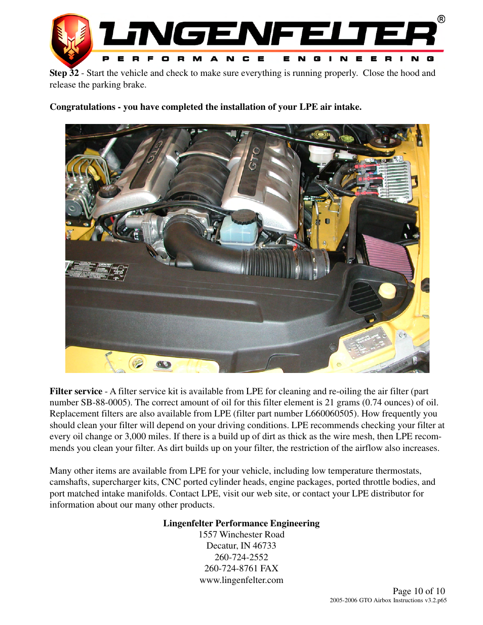 Lingenfelter L650060505 Lingenfelter Pontiac GTO Air Intake 2005-2006 v4.0b User Manual | Page 11 / 11