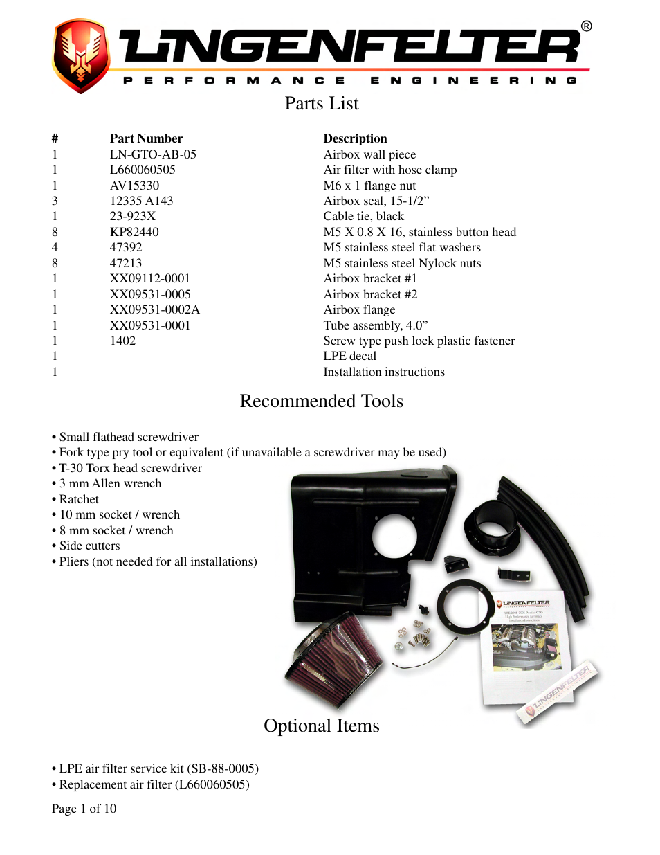 Parts list, Recommended tools, Optional items | Lingenfelter L650060505 Lingenfelter Pontiac GTO Air Intake 2005-2006 v4.0b User Manual | Page 2 / 11