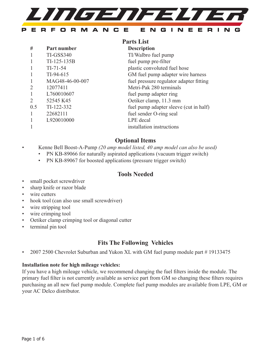 Lingenfelter L710050607 Lingenfelter Suburban & Yukon XL Fuel Pump 2007 v1.1 User Manual | Page 2 / 7