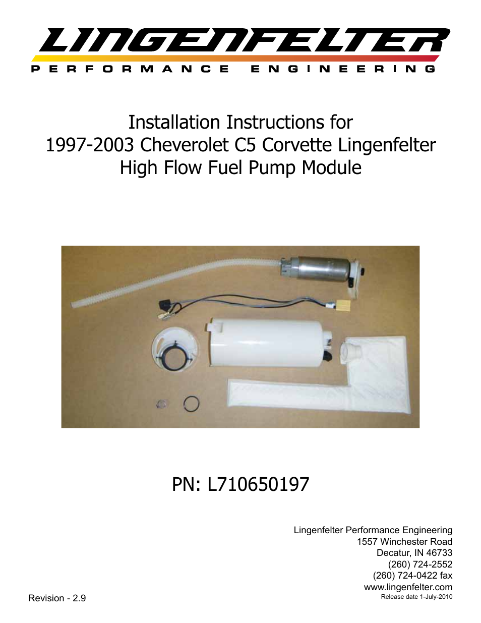 Lingenfelter L710650197 Lingenfelter C5 Corvette High Flow Fuel Pump 1997-2002 v2.9 User Manual | 12 pages