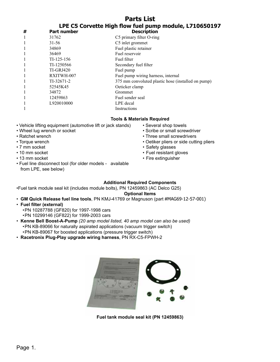 Parts list | Lingenfelter L710650197 Lingenfelter C5 Corvette High Flow Fuel Pump 1997-2002 v2.9 User Manual | Page 2 / 12