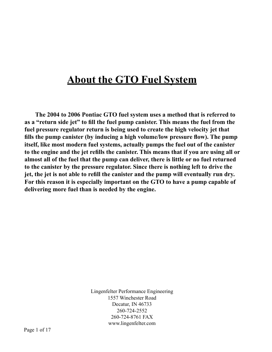 About the gto fuel system | Lingenfelter L710660504 Lingenfelter Pontiac GTO Fuel Pump 2003-2006 v4.41 User Manual | Page 2 / 18