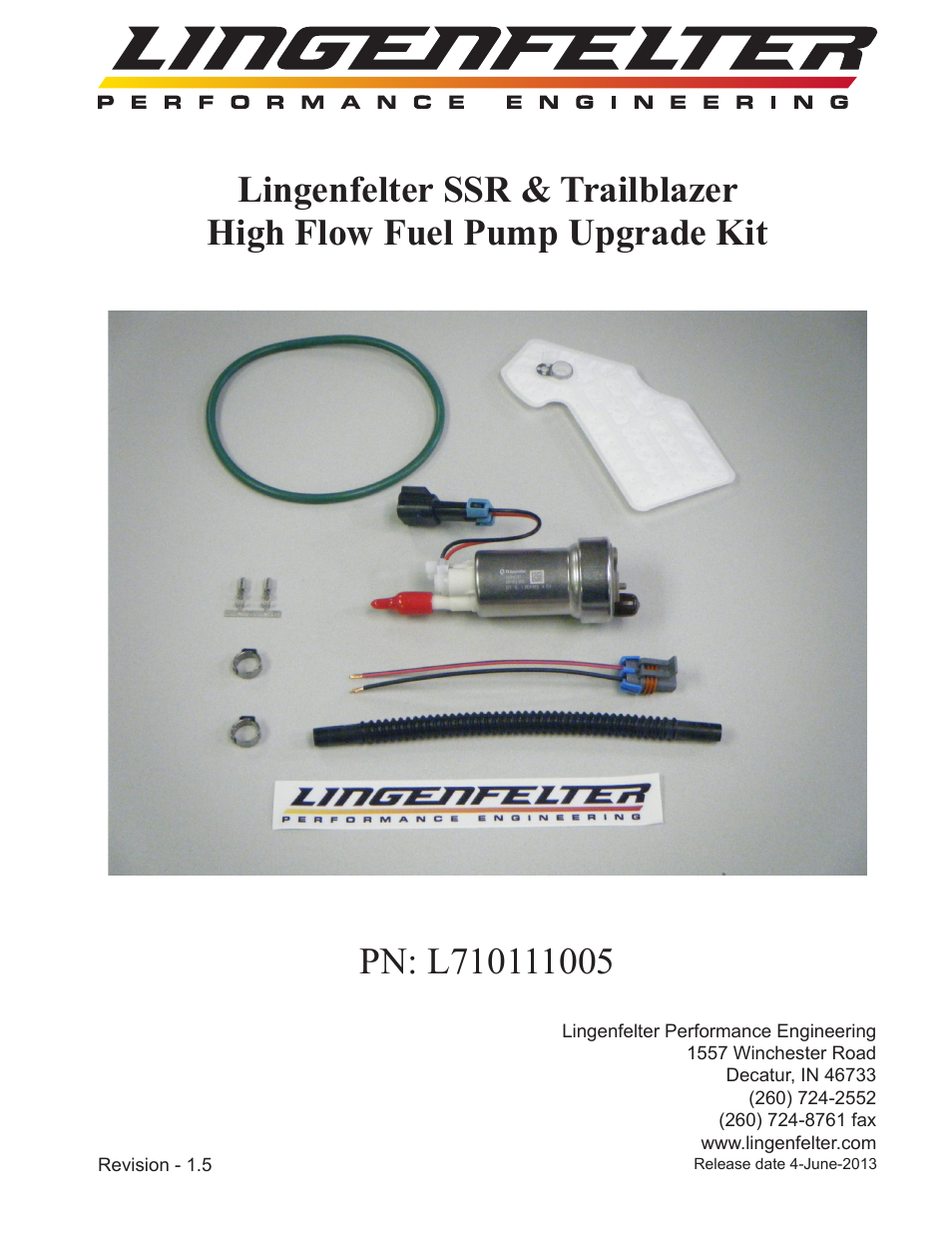Lingenfelter L710111005 Trailblazer SS & SSR E85 High Flow Fuel Pump Upgrade Kit v1.5 User Manual | 10 pages