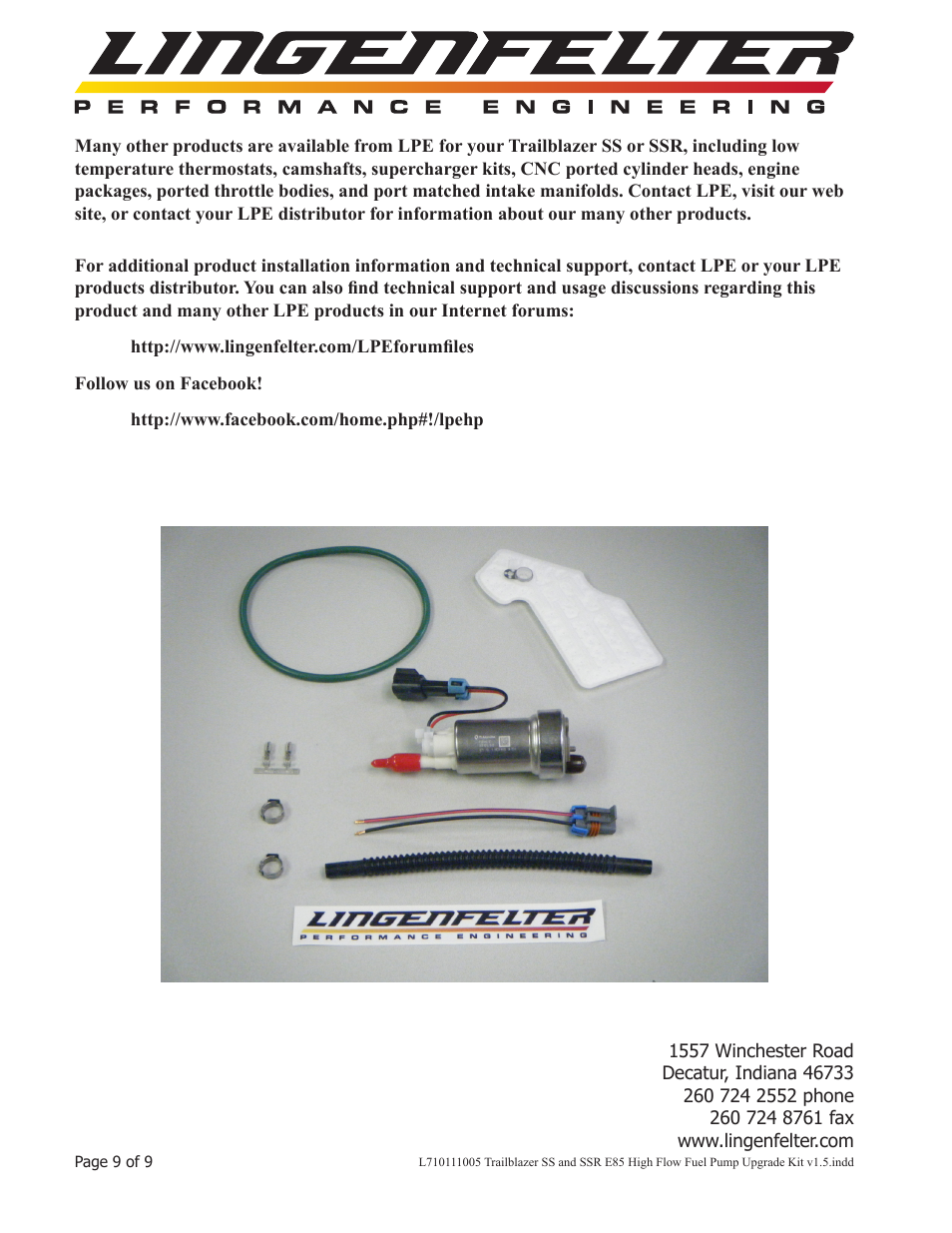 Lingenfelter L710111005 Trailblazer SS & SSR E85 High Flow Fuel Pump Upgrade Kit v1.5 User Manual | Page 10 / 10