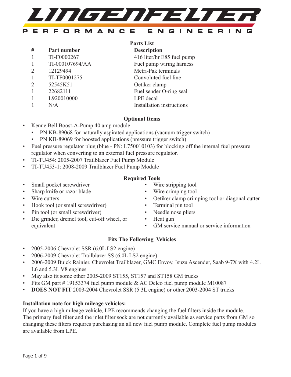 Lingenfelter L710111005 Trailblazer SS & SSR E85 High Flow Fuel Pump Upgrade Kit v1.5 User Manual | Page 2 / 10