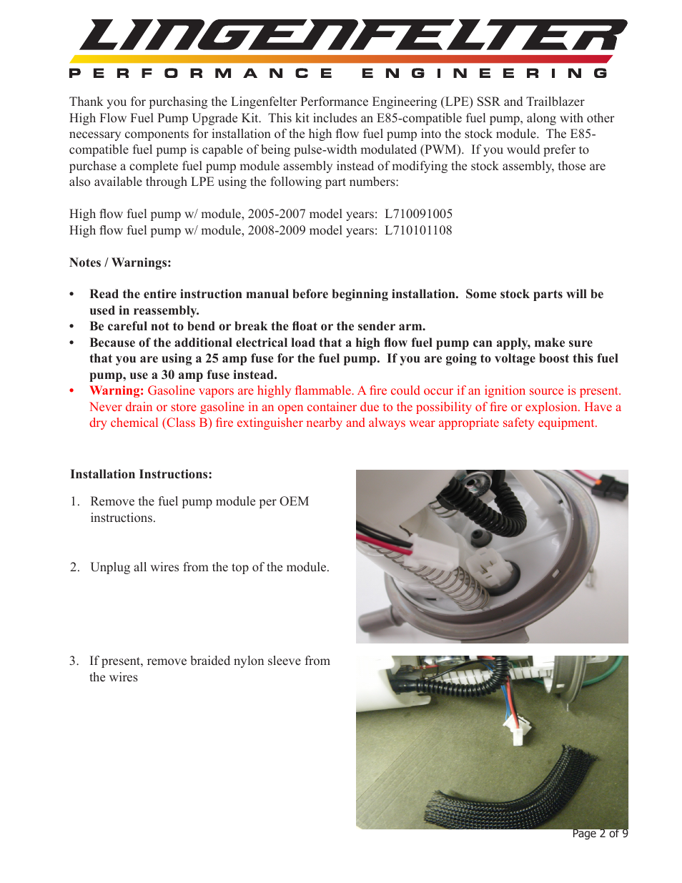 Lingenfelter L710111005 Trailblazer SS & SSR E85 High Flow Fuel Pump Upgrade Kit v1.5 User Manual | Page 3 / 10