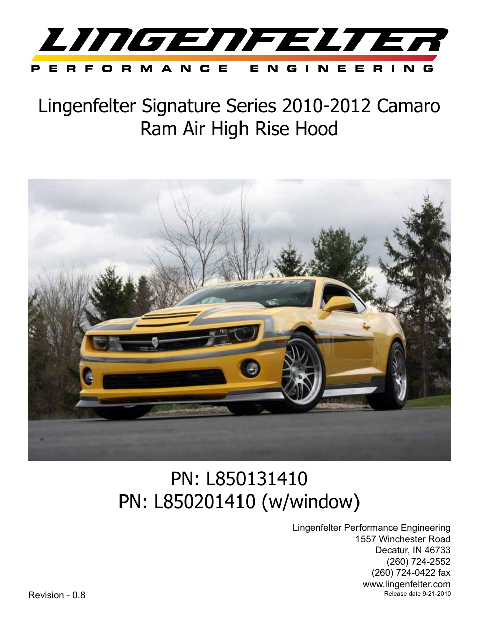 Lingenfelter L850131410 Camaro Ram Air Hood v 0.8 User Manual | 13 pages