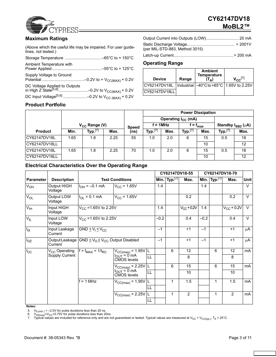 Maximum ratings, Operating range, Product portfolio | Cypress CY62147DV18 User Manual | Page 3 / 11