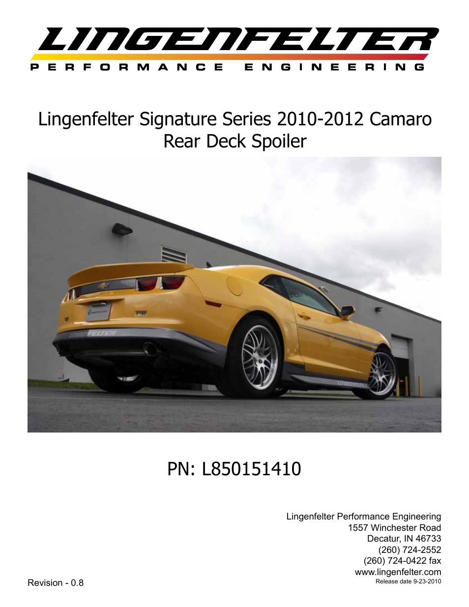 Lingenfelter L850151410 Camaro Rear Deck Spoiler v0.8 User Manual | 9 pages