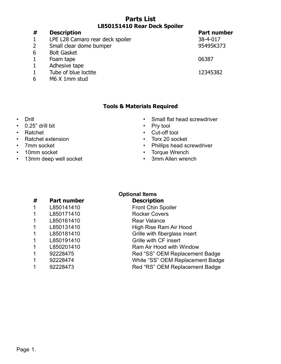 Lingenfelter L850151410 Camaro Rear Deck Spoiler v0.8 User Manual | Page 2 / 9