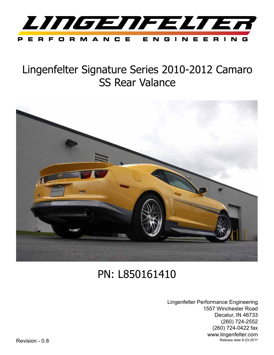 Lingenfelter L850161410 Camaro Rear Valance v0.8 User Manual | 15 pages